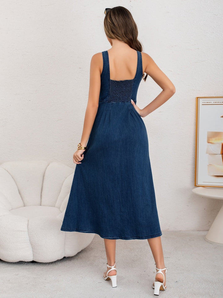 Sleeveless Spaghetti Strap Midi A-Line Denim Dress