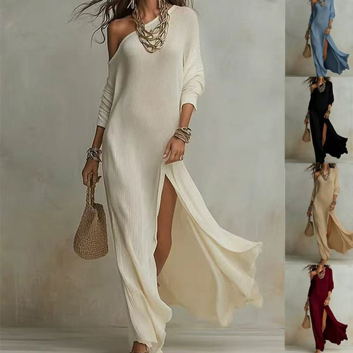 Long-sleeved knitted pleated slit women&