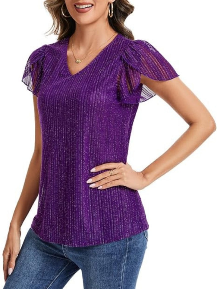 Shiny Pleated V-Neck Flutter Sleeve Top