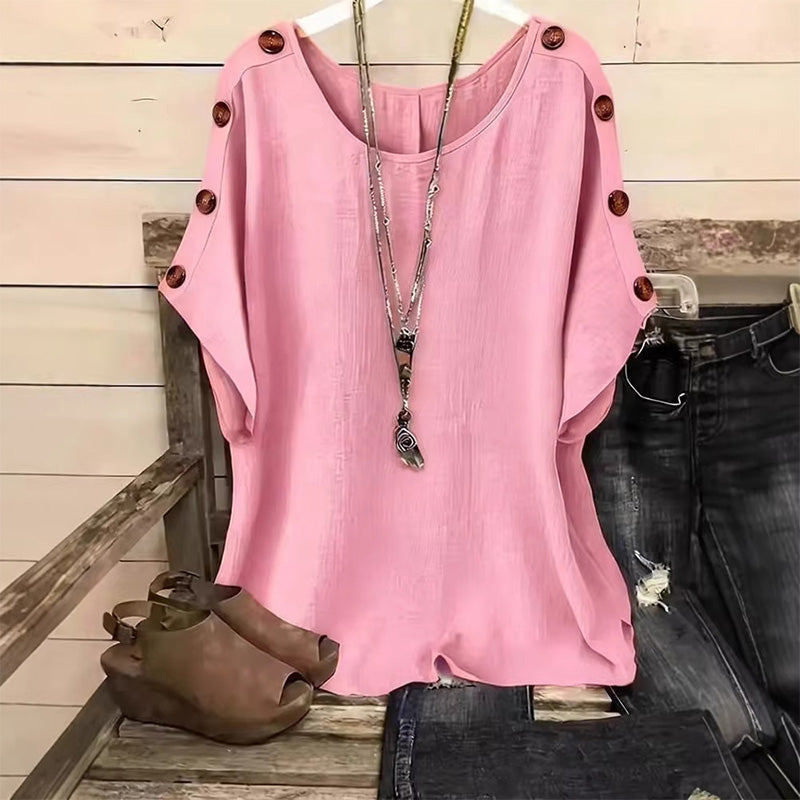 Casual loose solid color round neck short-sleeved top