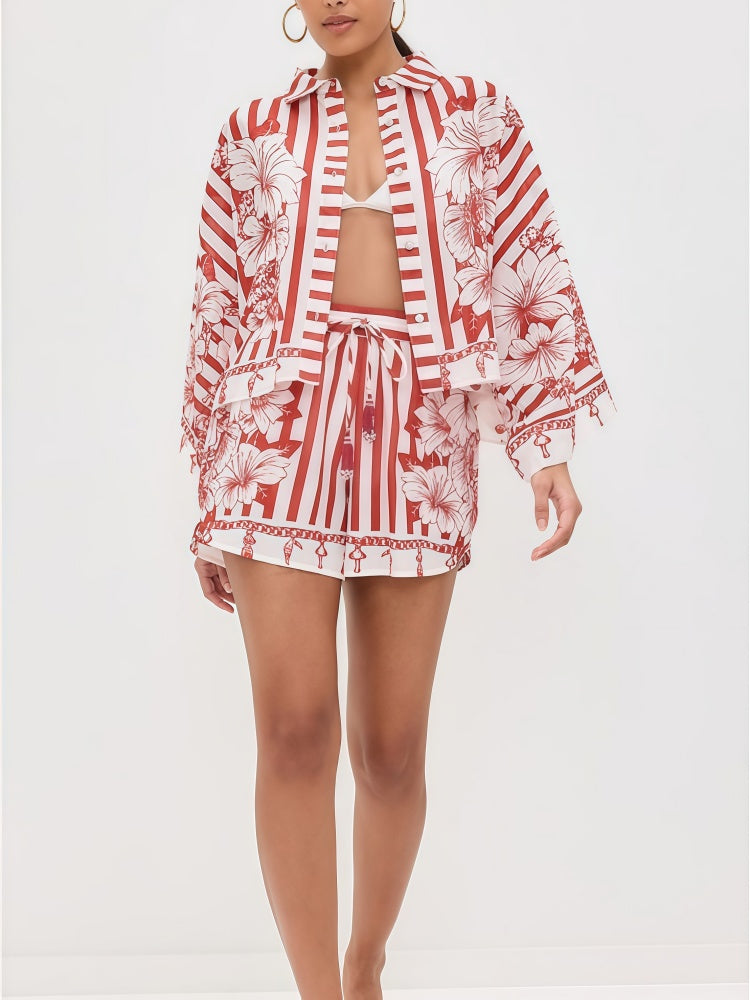 Floral Striped Button-Down Shirt &amp; Shorts Set - Red/White