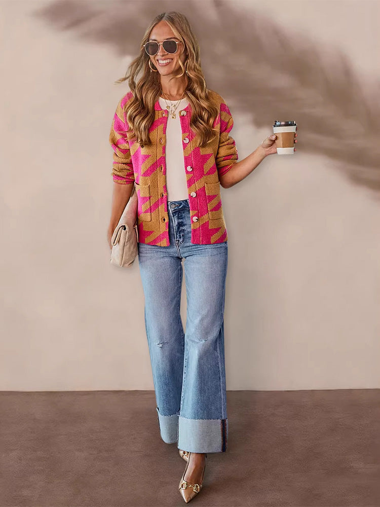 Washed high-waisted rolled-up ripped patchwork straight leg jeans