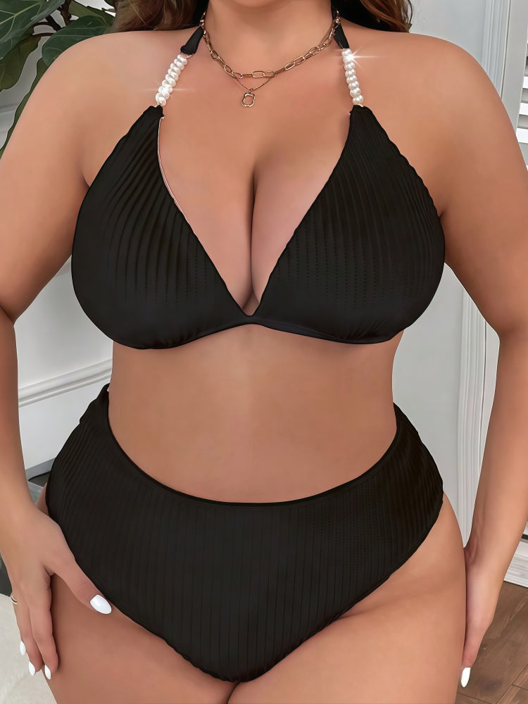 Plus Size Pearl Strap Ribbed Deep V Bikini Set