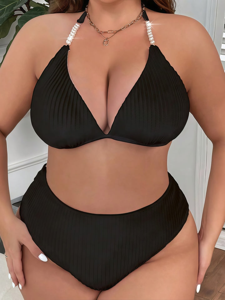Plus Size Pearl Strap Ribbed Deep V Bikini Set
