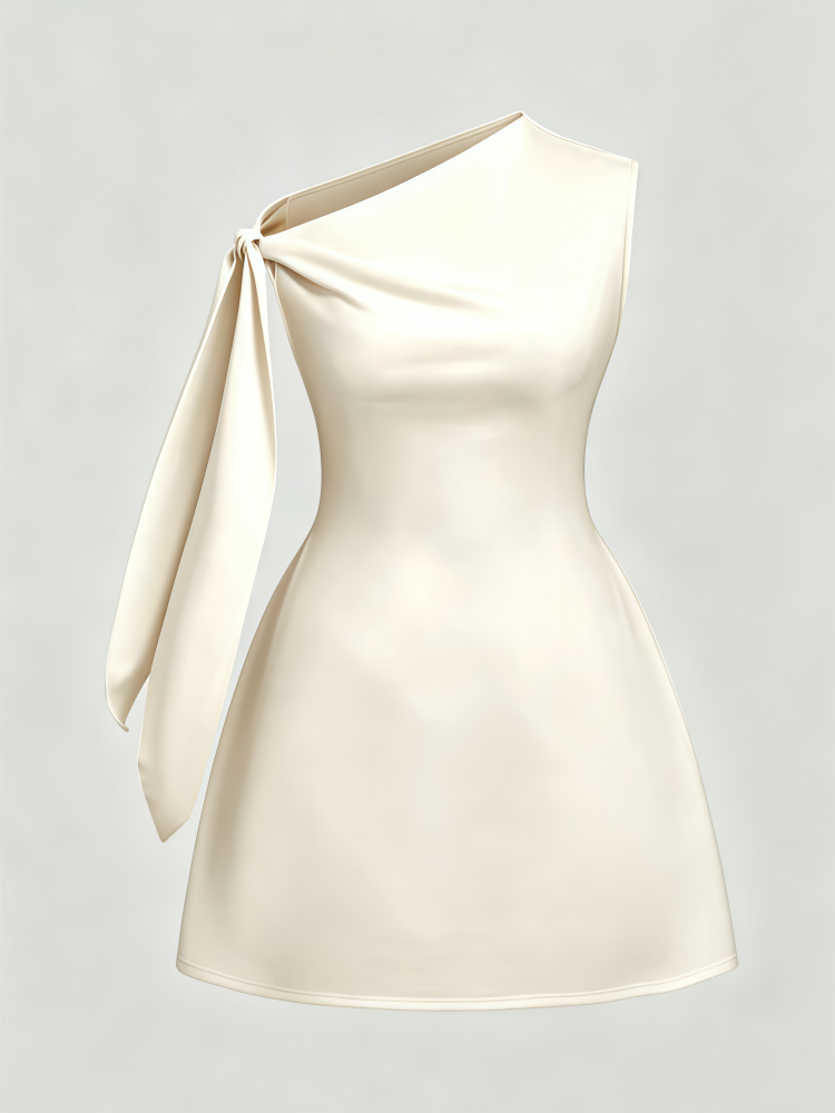 Elegant Solid Color One Shoulder Sleeveless Tie Waist Slim Fit Dress