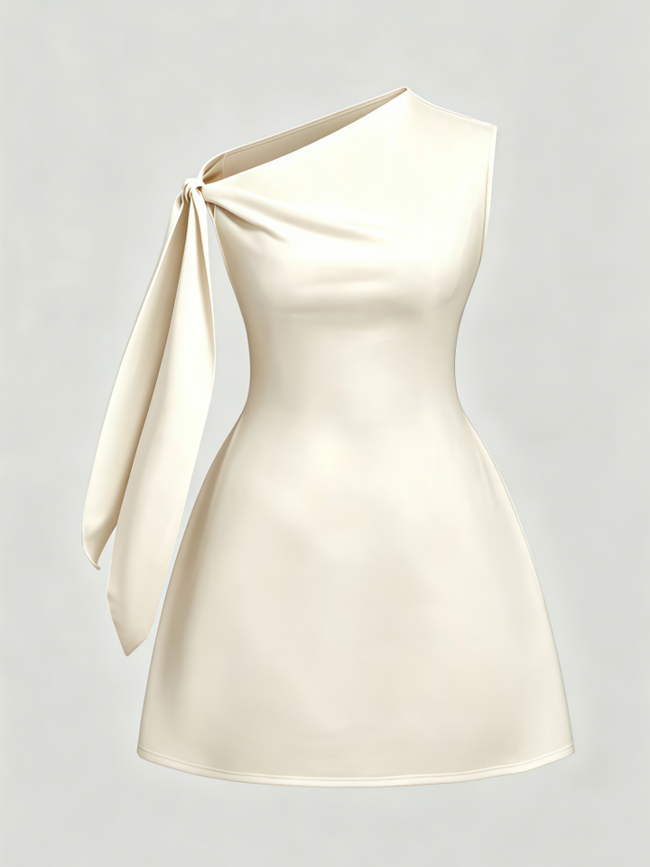 Elegant Solid Color One Shoulder Sleeveless Tie Waist Slim Fit Dress