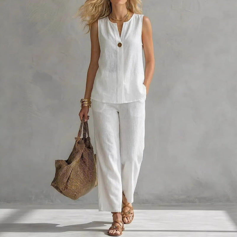 V-neck sleeveless top and wide-leg pants two-piece set