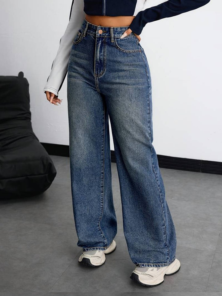 High Waist Vintage Wash Wide Leg Straight Jeans