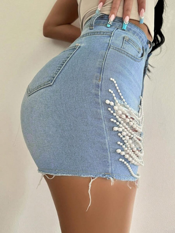 High Waist Ripped Pearl Beaded Denim Shorts