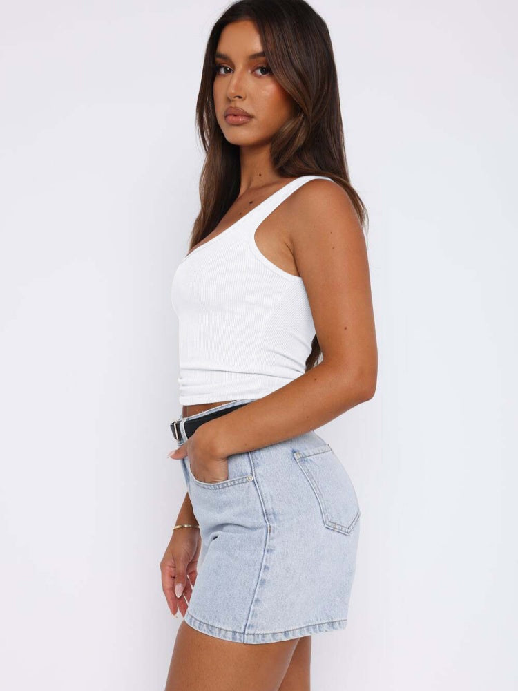 Square Neck Ribbed Cropped Tank Top | High Stretch Slim Fit Sleeveless Cami Vest