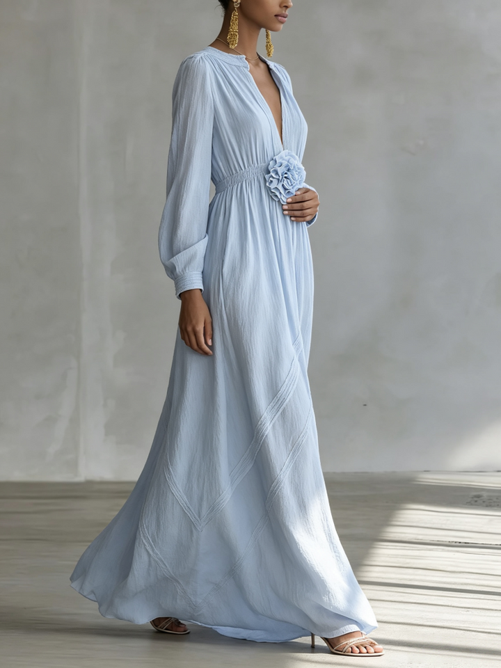 Elegant 3D Floral Cotton Linen Maxi Dress with Resort Style