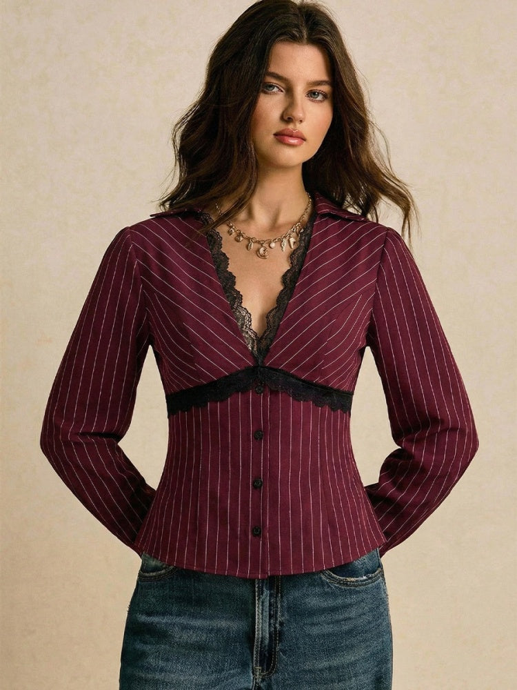 Burgundy Pinstripe Lace Trim Fitted Blouse
