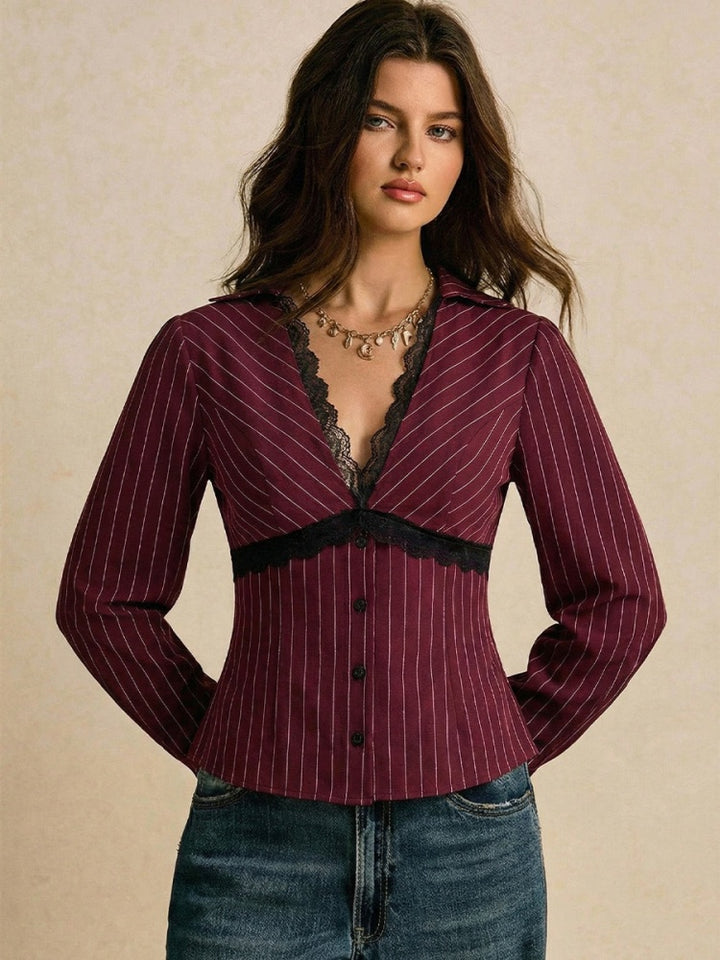 Burgundy Pinstripe Lace Trim Fitted Blouse