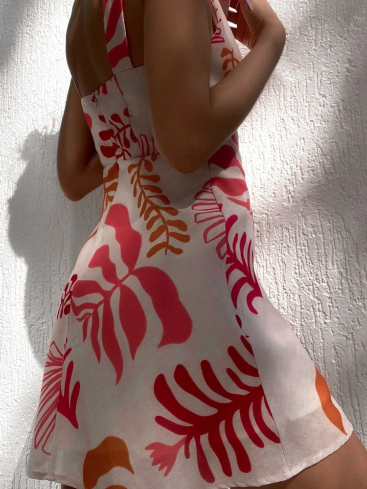 Tropical Leaf Print Tie-Shoulder Mini Dress - Linen Blend V-Neck Bodycon Sundress