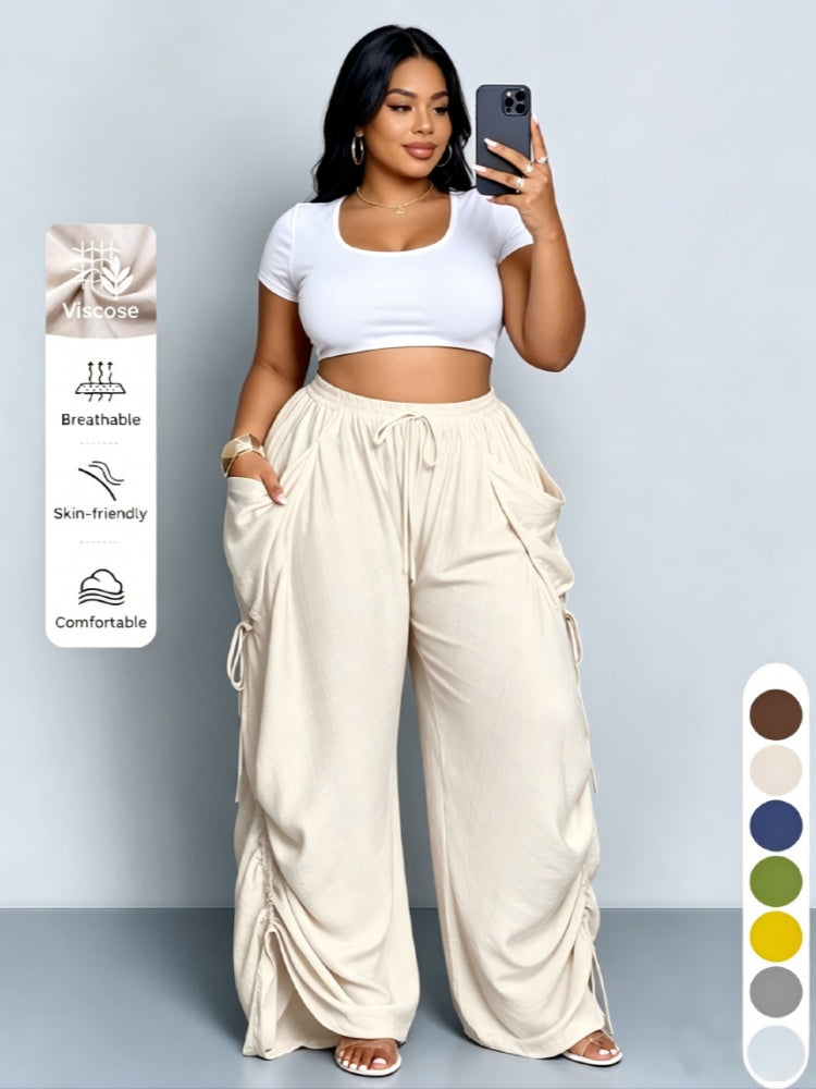 Plus Size Drawstring Ruched Wide Leg Cargo Pants with Pockets
