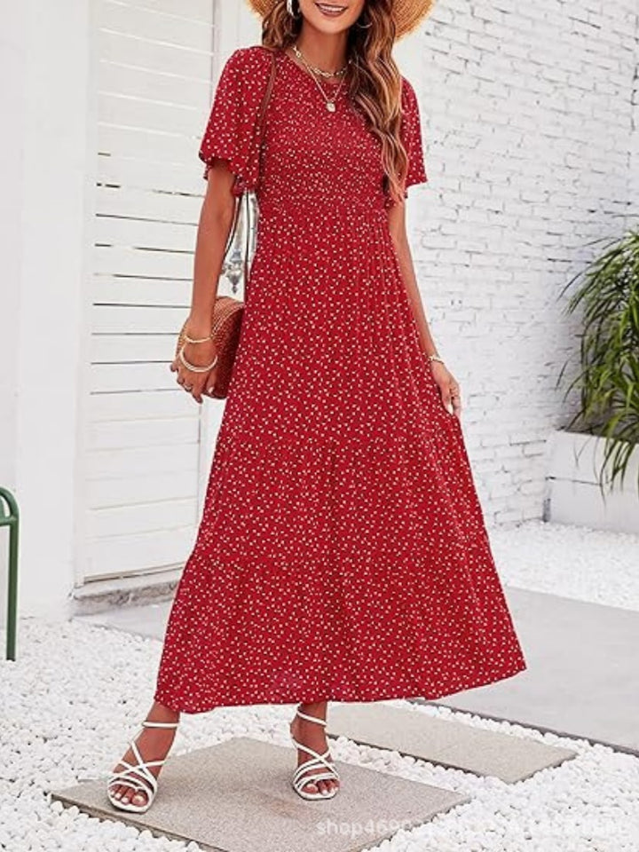 Floral Print Flutter Sleeve Tiered Maxi Dress