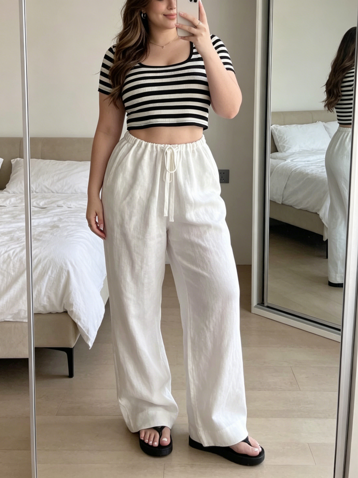 High Waisted Drawstring Wide Leg Linen Pants