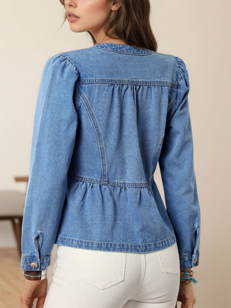 Round Neck Puff Sleeve Peplum Cropped Denim Jacket