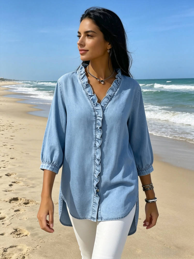 Ruffled V-Neck Denim Button-Down Blouse