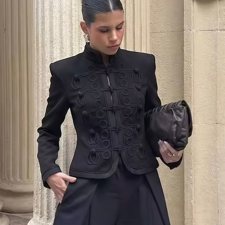 Black Half High Collar Toggle Button Cropped Jacket