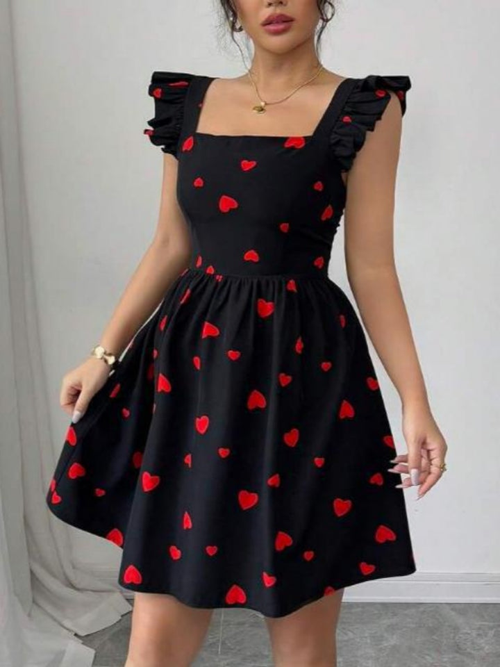 Square Neck Ruffled Sleeve Print Mini Dress