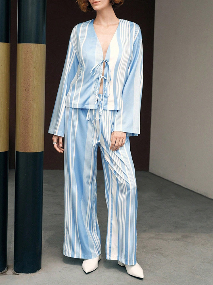 Striped long-sleeved straight-leg trousers two-piece pajama set