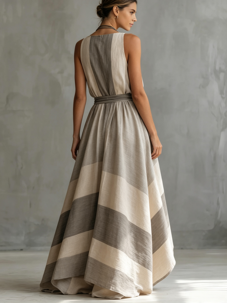 Sleeveless striped tie-up asymmetrical dress
