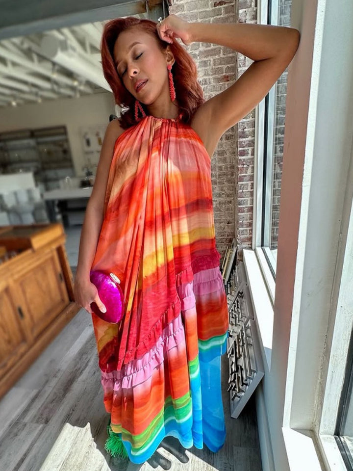 Rainbow Tie-Dye Halter Maxi Dress - Ruffled Chiffon Tiered Flowy Dress