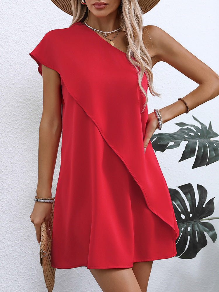 One-shoulder dress, vacation style, sleeveless A-line midi skirt