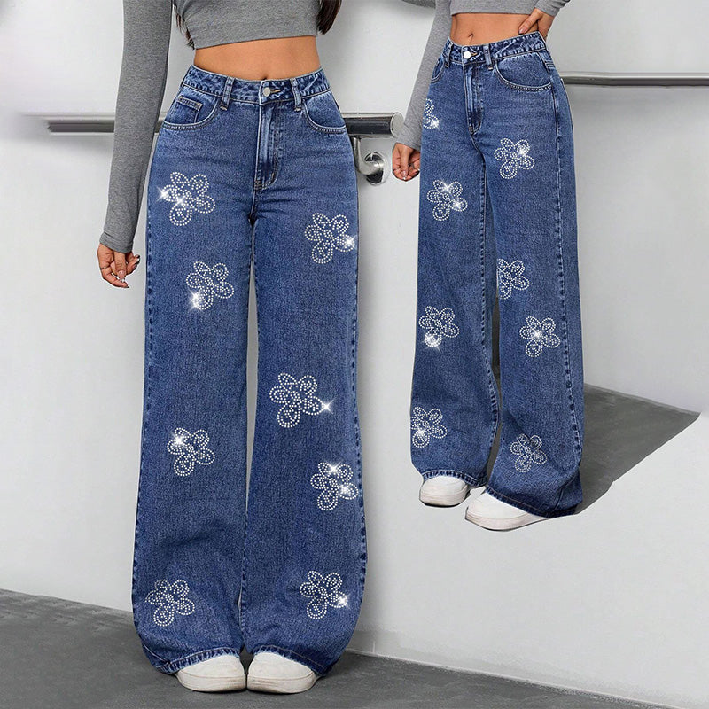 Floral rhinestone loose straight leg trousers