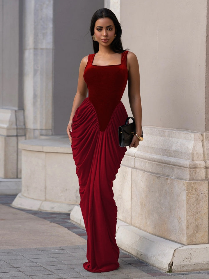Square Neck Velvet Spliced Ruched Mermaid Maxi Dress