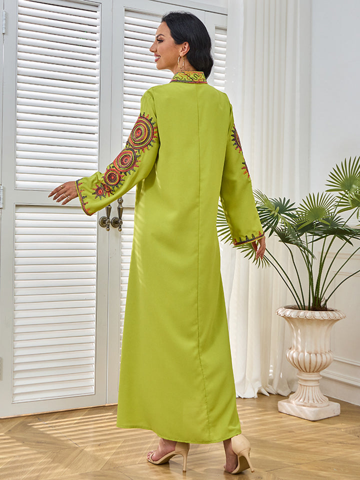 Ethnic Geometric Embroidered Abaya Maxi Dress