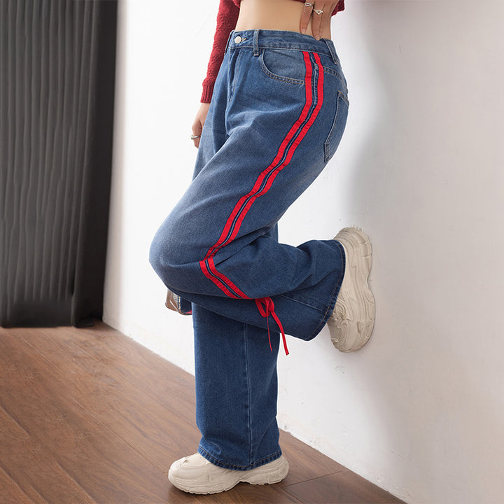 Retro red-trimmed casual straight-leg jeans