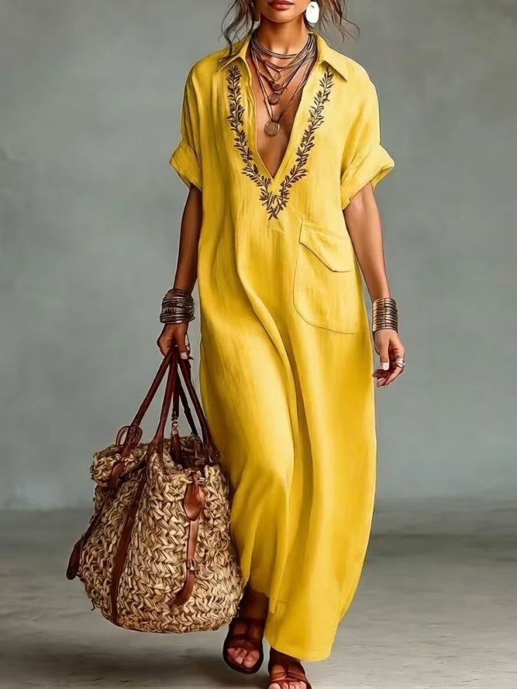 Loose-fitting embroidered collar cotton linen pocket dress