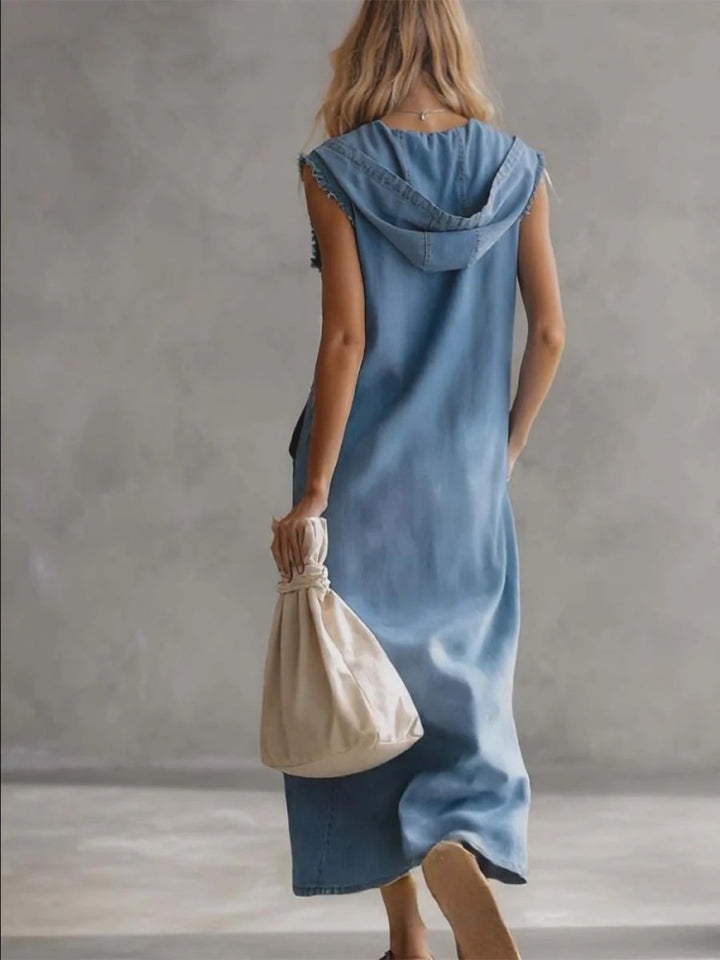 Sleeveless Hooded Denim Midi Dress