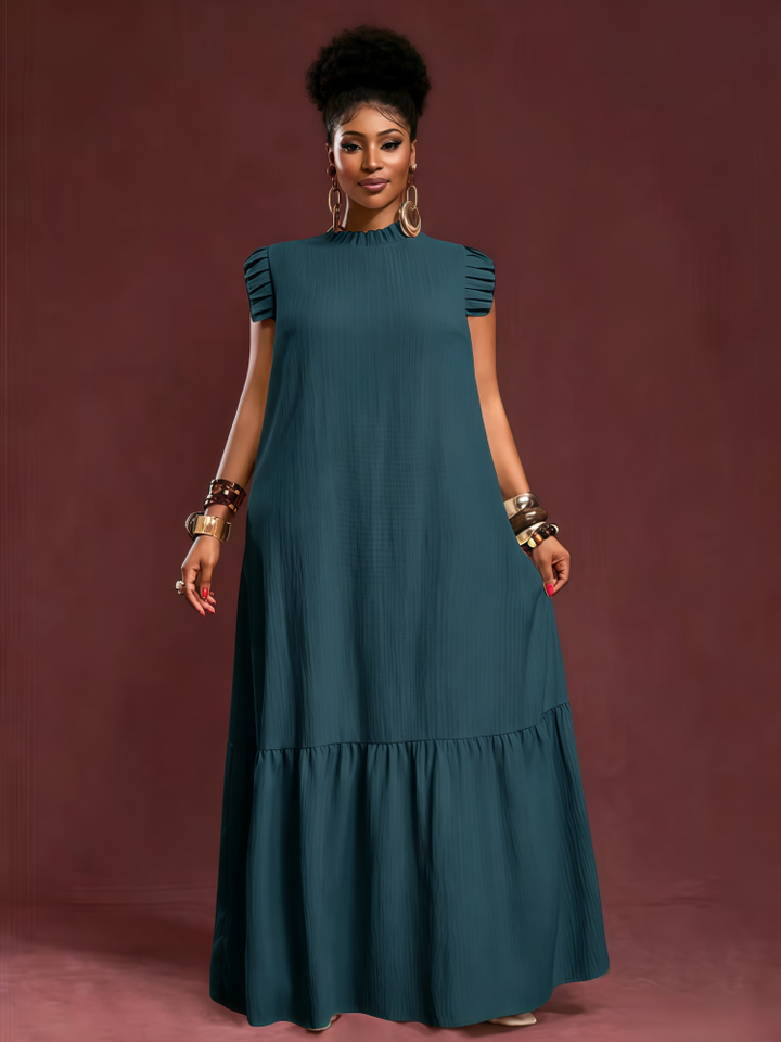 Pleated flutter-sleeve loose maxi dress