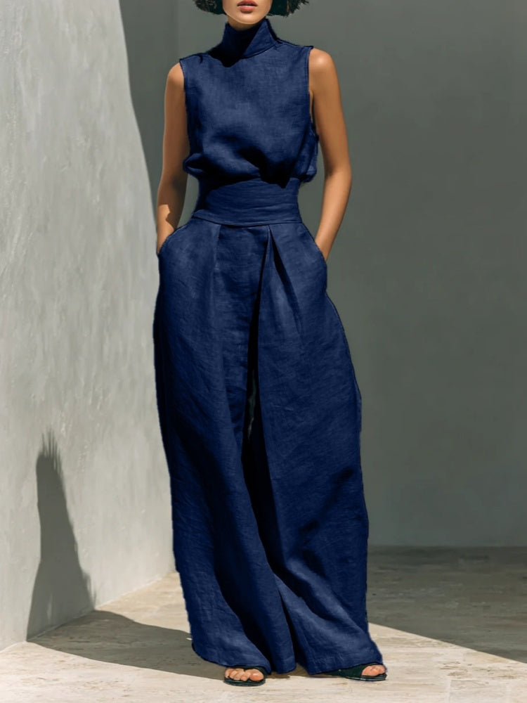 Solid color cotton linen sleeveless casual suit