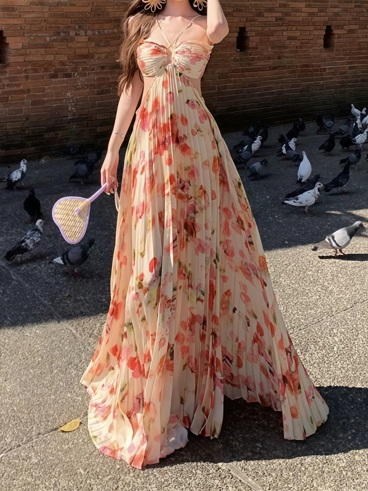 French-style floral halter-neck camisole dress