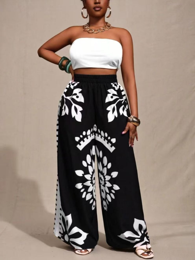 Stylish and elegant bohemian print straight-leg wide-leg trousers