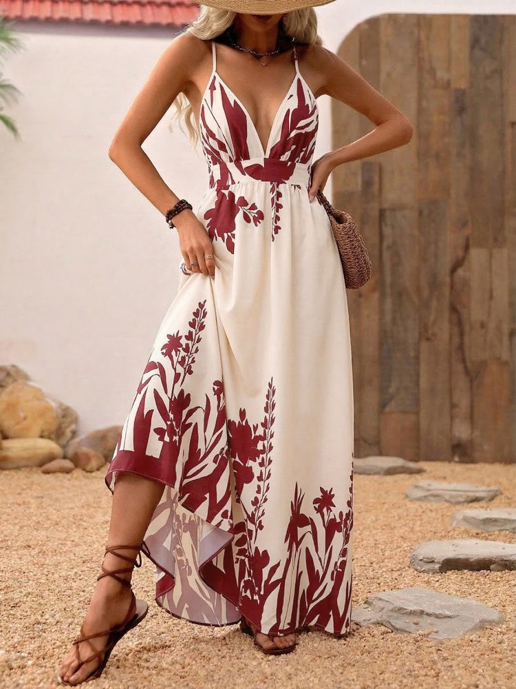 Tropical Print Crisscross Back Dress with Spaghetti Straps