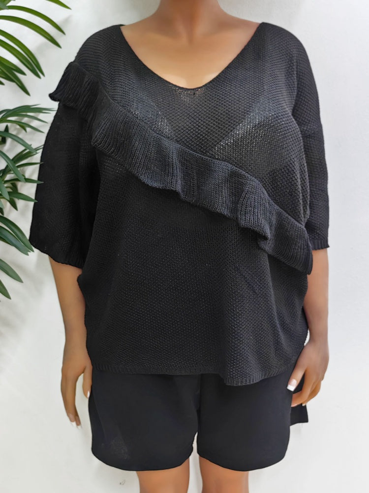 Ruffled patchwork machine-knitted loose sweater