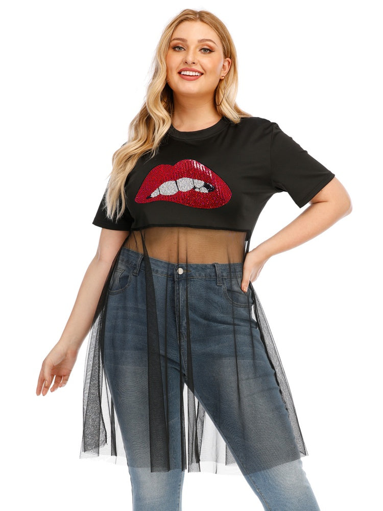 Lip sequin embroidery mesh patchwork T-shirt top