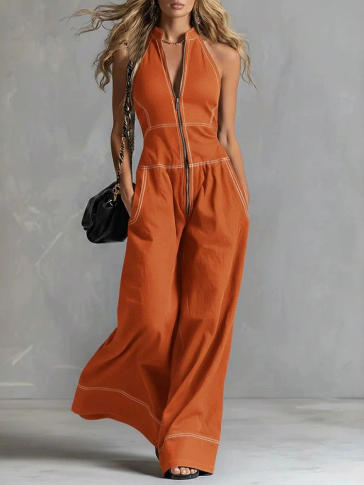 Deep V-neck stand-up collar sleeveless casual jumpsuit