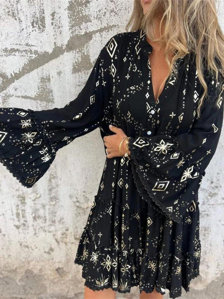 Solid color bell sleeve hollow dress