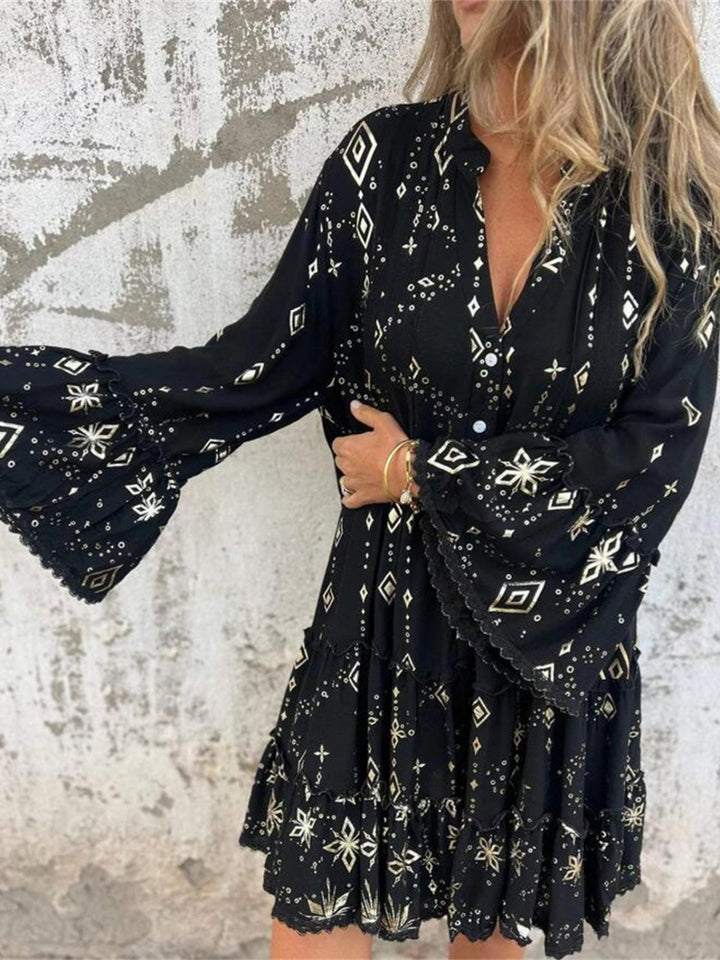 Solid color bell sleeve hollow dress
