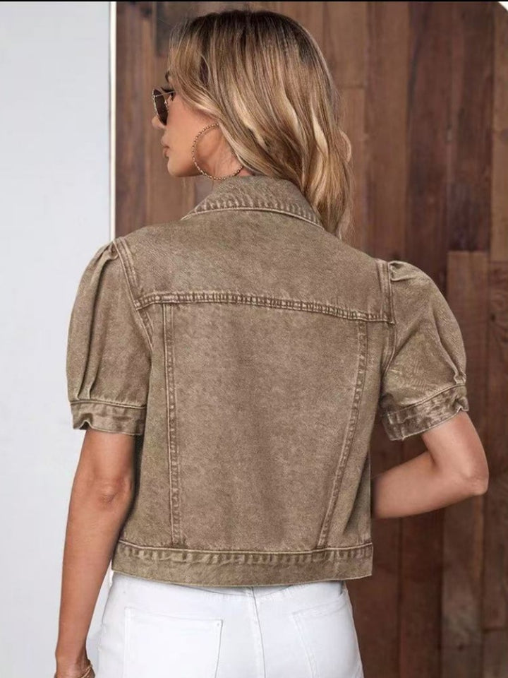 Cropped denim jacket with puff sleeves