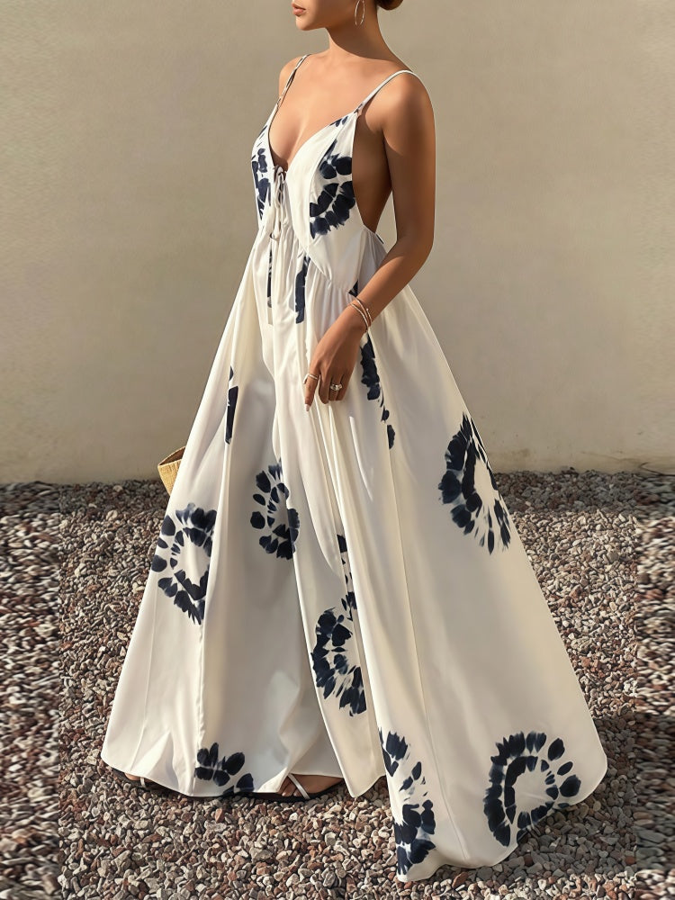 French Elegant Floral Backless Spaghetti Strap Maxi Dress