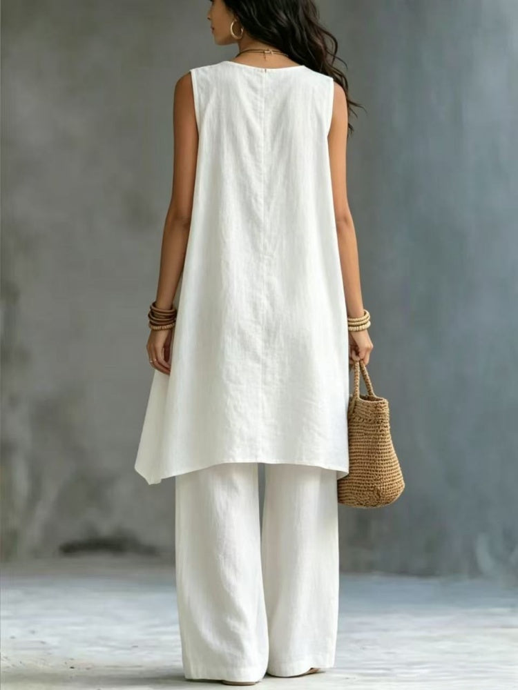 Sleeveless Stand Collar Cotton Linen Resort Two Piece Set