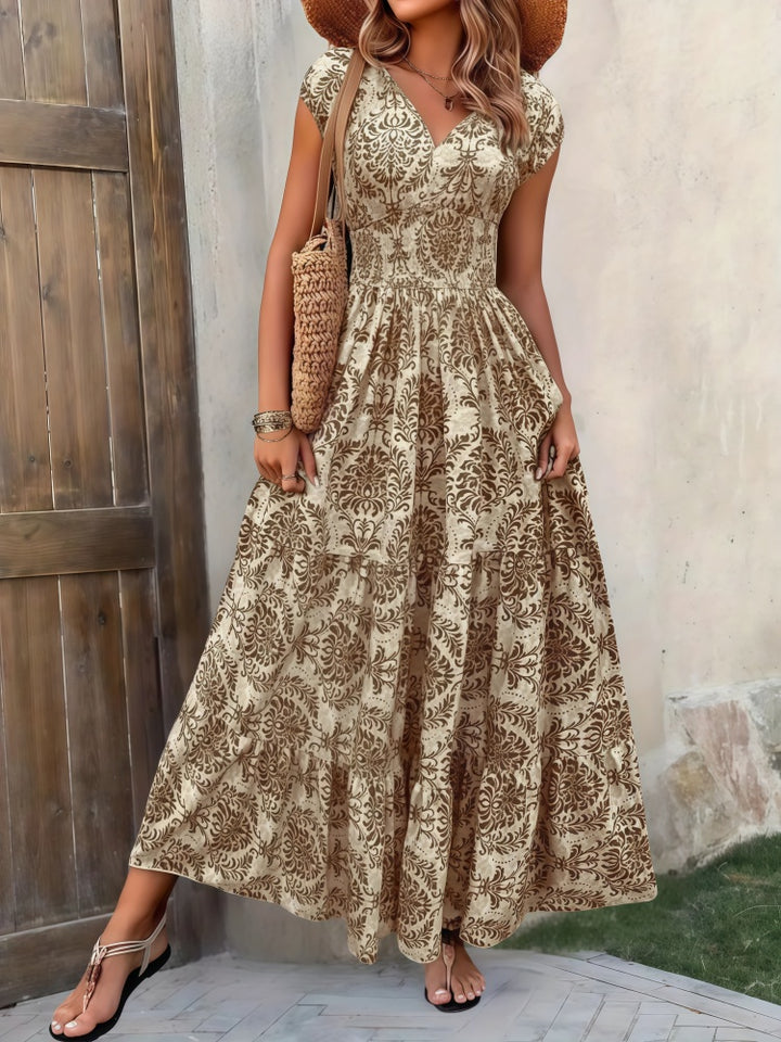 V-neck printed fitted waist maxi dress