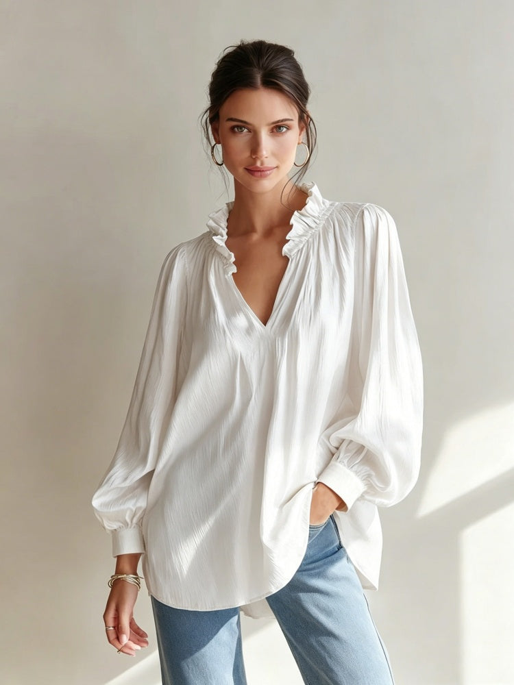 Loose-fit ruffled V-neck puff-sleeve shirt